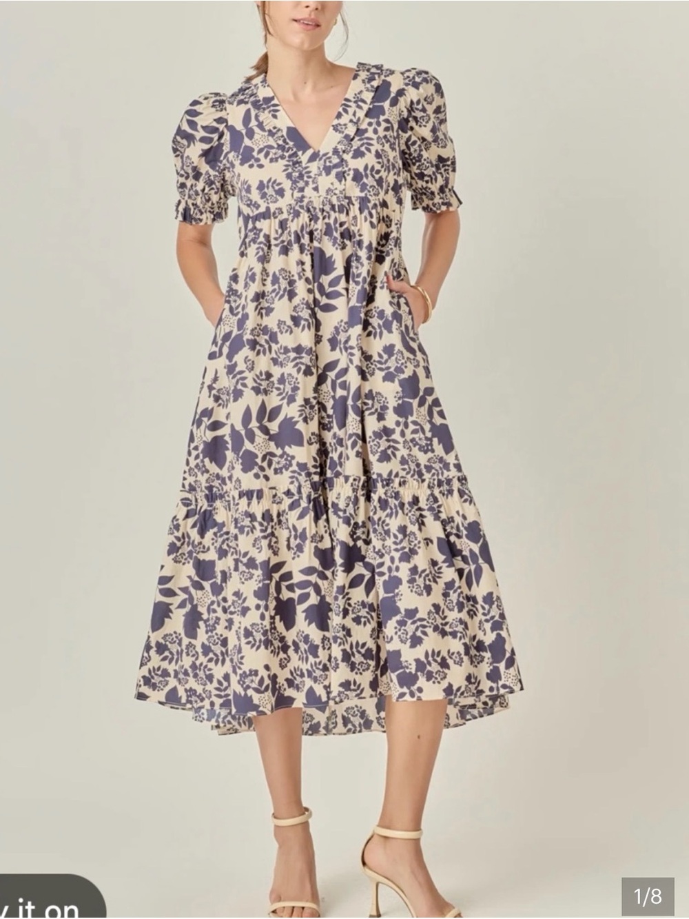 English Factory Floral V-Neck Midi Dress in Cream and Blue